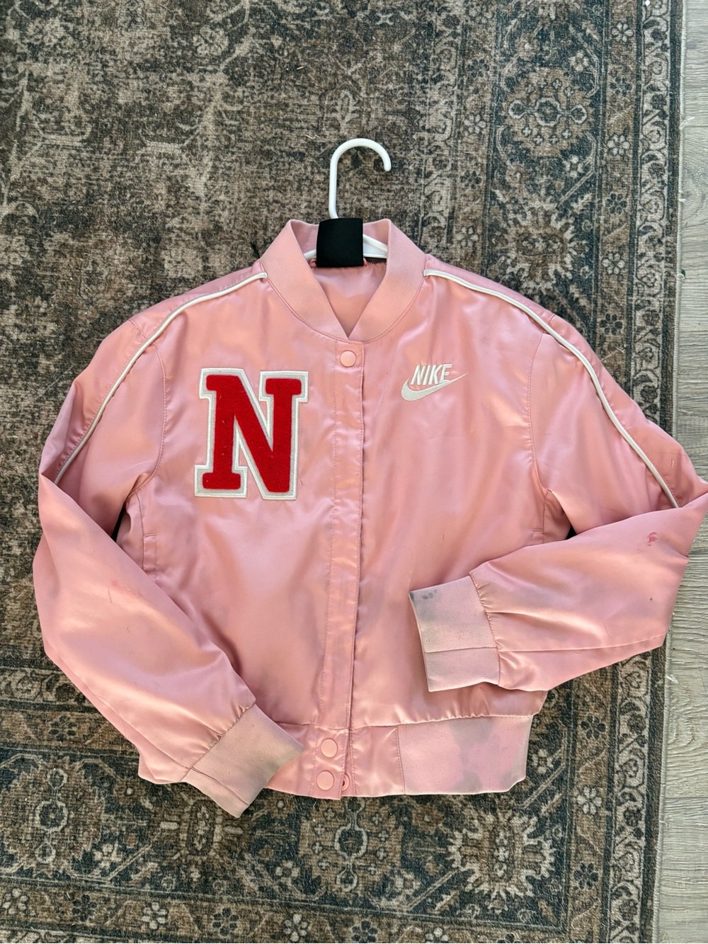 Nike Pink Satin Varsity Jacket with Red 'N' Patch